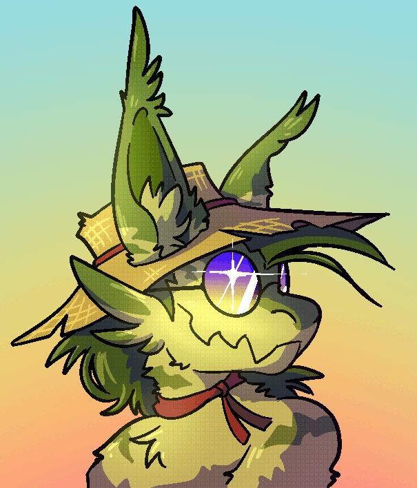 Summer icon A goblin like furry wearing a sunhat and glasses, animated to look like the wind is blowing and his glasses are shining.