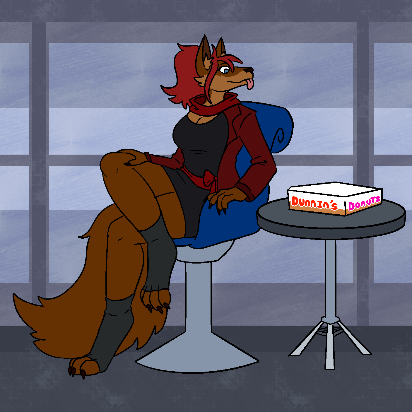 The Tongue A brown fox lady using an excessively long tongue to scoop donuts out of a box and into her mouth, discreetly.