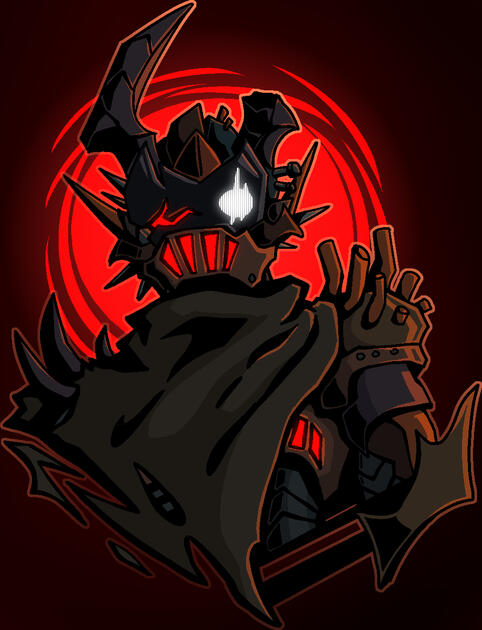 Korge a robot with jagged rusted features, including a red grate for a mouth and scarred white light for an eye. He has a broken horn and a brown cloak