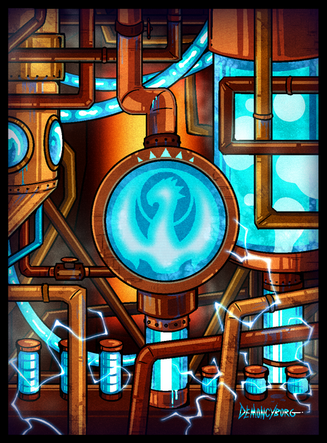 Izzet Symbol A scene of the izzet's symbol amongst copper and brass tubes in a sprawling, steaming scape with glowing blue tubes, and crackling electricity.