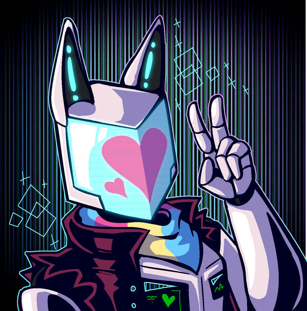 Vivi! A robot with a square head and cat ears, its face is blue with a pink heart, and its wearing a pan flag scarf with a pink black leather jacket.