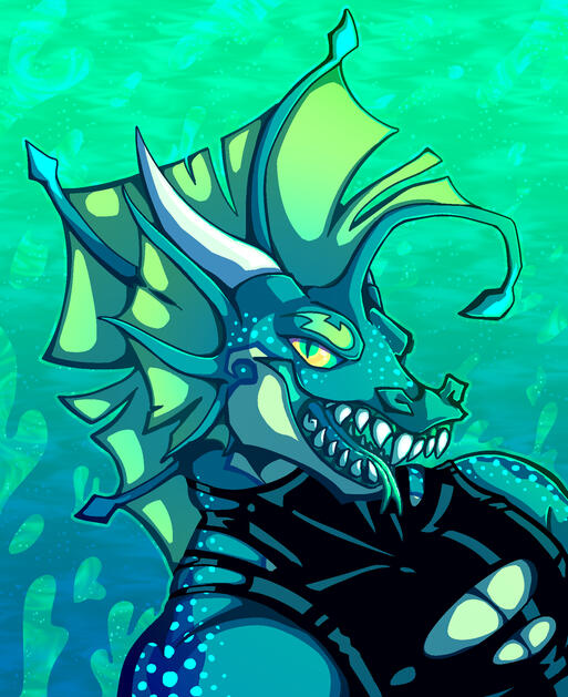 Lizzer An anthro serpent-lizard with sharp teeth and a long mohawk like fin, with an anglerfish tip. his colors are blue teal green n yellow