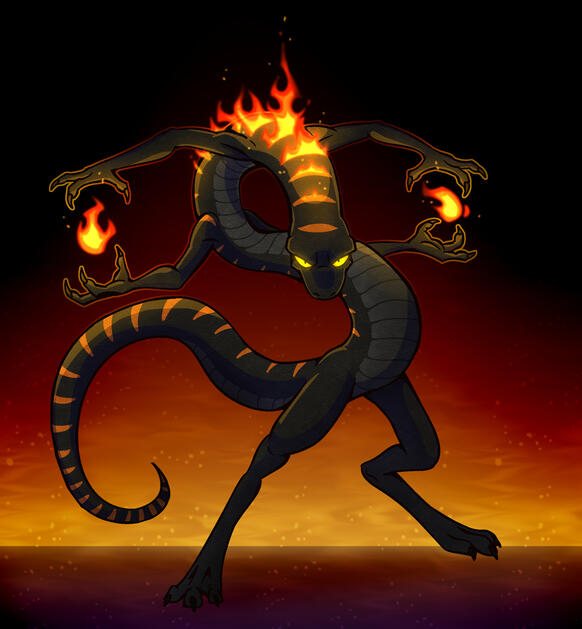 Zyde A sort of snake anthro with a pair of legs and two pairs of arms, using all four arms to cast a fire spell. Lines of orange mark his soot scales and light on fire.