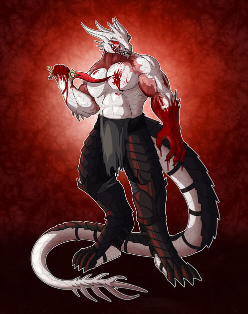 Jeska Dark Urge from Baldurs gate with a very buff exposed upper body, licking blood from a bloody knife. She has a bloody hand print on her chest and dark greaves.