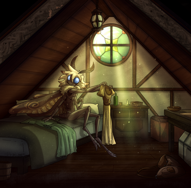 Deltamoth Commission of a white and brown anthro moth sitting on a bed in a dusty attic inn room, deciding between two dresses.