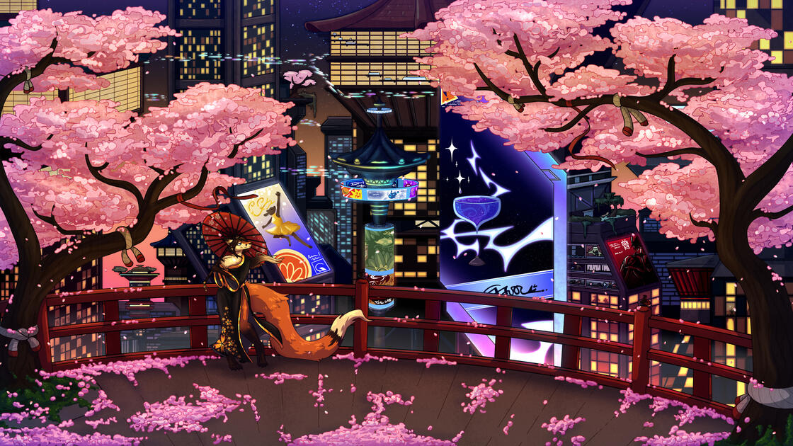 Sakura A japanese red bridge flanked by sakura trees, with a massive sprawling cyberpunk city in the background. A fox lady sits at the bridge with a parasol