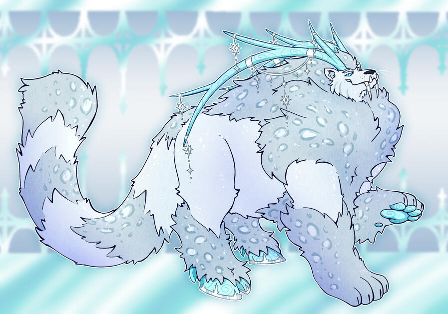 Yaramir An obscenely fluffy big cat with hooves instead of back paws. Its white and blue-grey with sparkly white and blue rosettes. It has massive ice antlers with silver ornaments