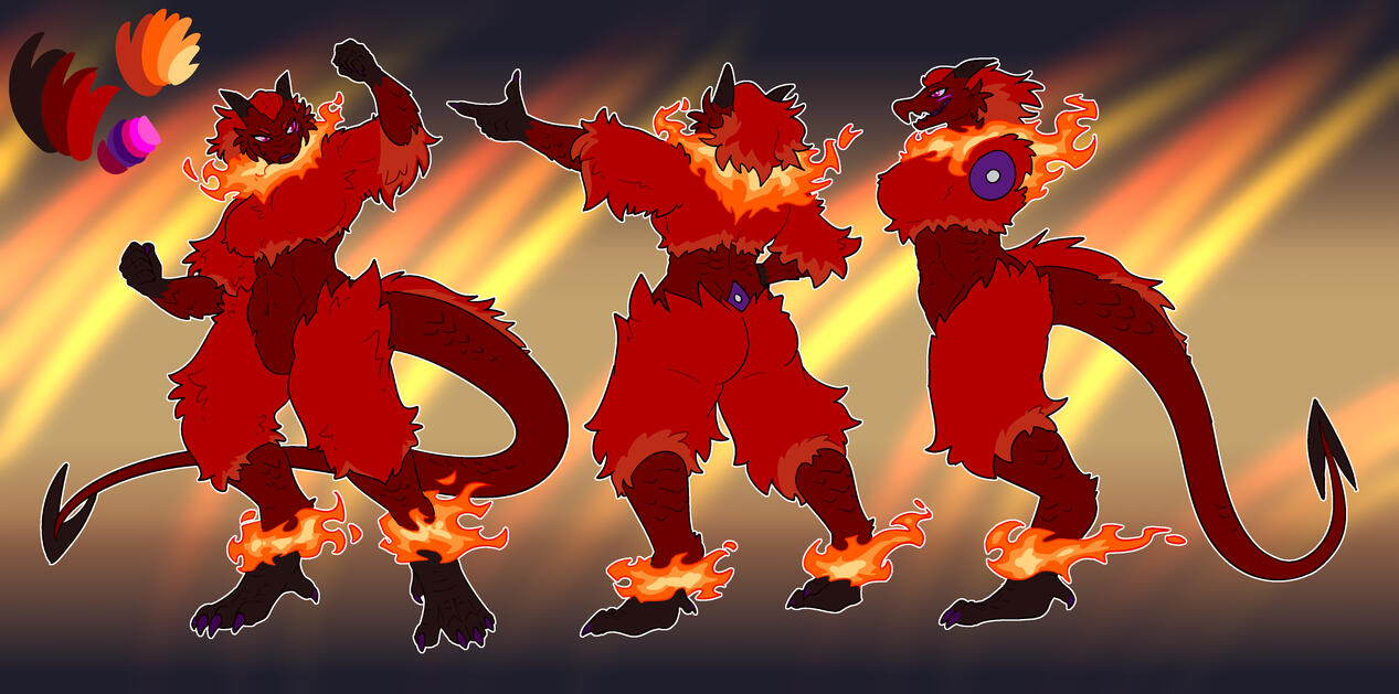 Dragon A reference with a front, back, and side for a firey red dragon with fluffy fur covering like pants and mid sleeve shirt, with a plume of flame on the neck and around the ankles. Long long tail