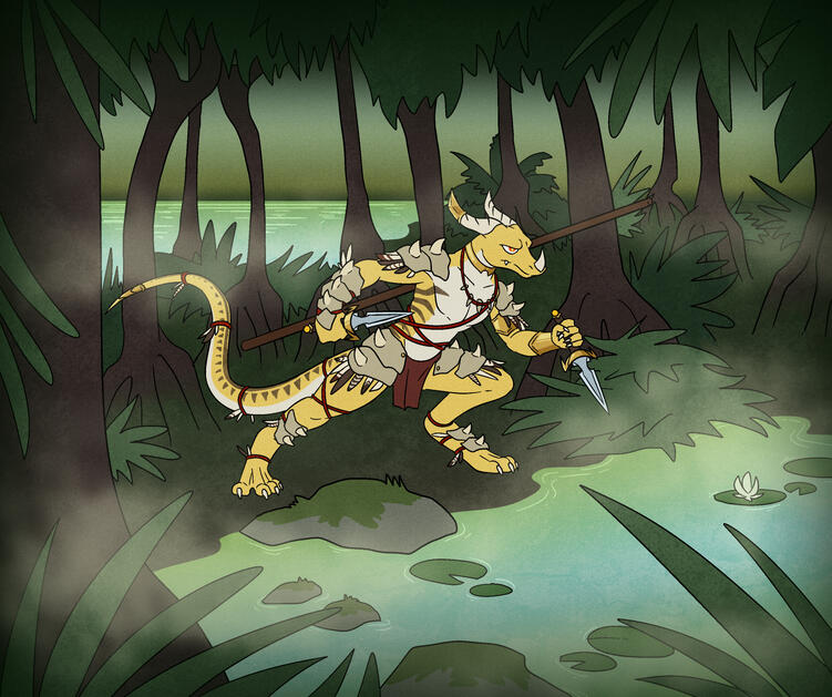Jungle lizard A lizard anthro with yellow scales and makeshift clothing with feathers and bones, wielding knives and prowling through a swamp.