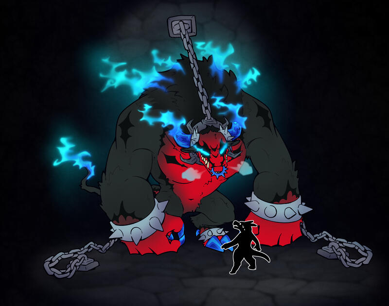 Chained up A large chained bull monster snorting at a small silhouette of a kobold. the bull is black with red points and has ghosty fire and horns
