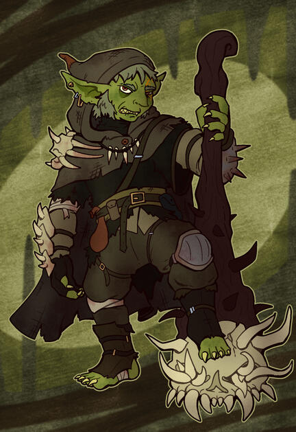 Josh goblin An older looking goblin clad in bone and rags, holding a huge club with a skull and many horns at the end.